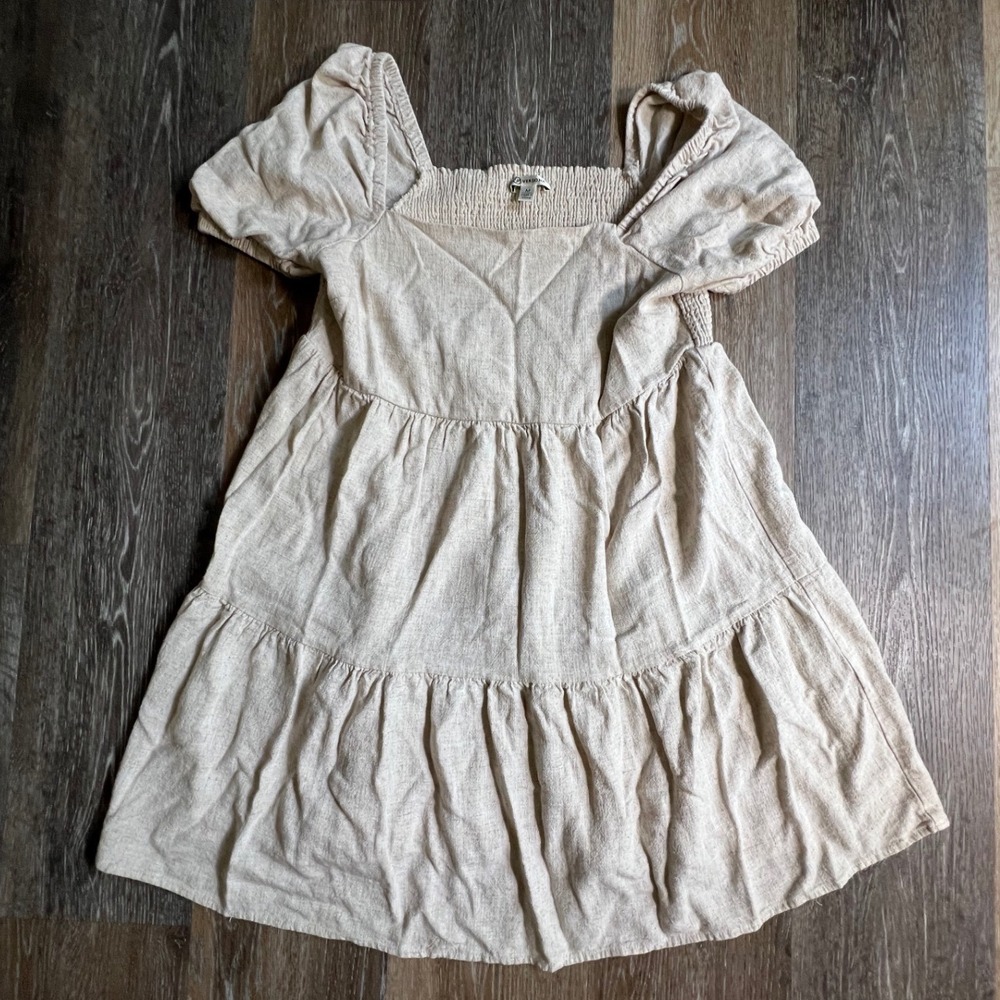Versona Babydoll Dress Women Medium Beige Linen Blend Smocked Tiered Puff Sleeve